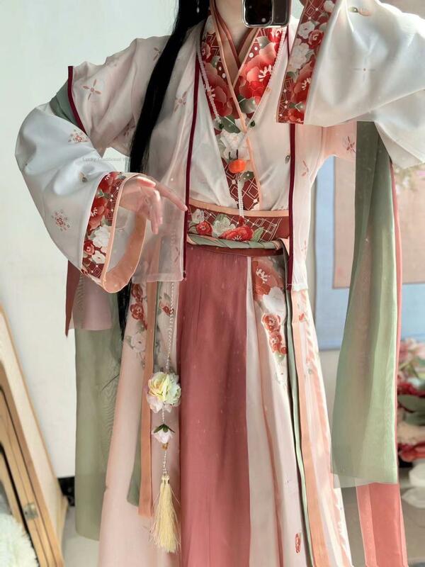 Gaun Hanfu tradisional gaya Cina Set gaun Cosplay dansa rakyat putri kuno Dinasti Vinatge Weijin