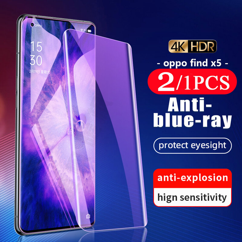 2/1 Buah Kaca UV Cahaya Anti Biru untuk OPPO Find X5 X3 X2 Pro X Pelindung Layar Film Ponsel Pelindung UV Kaca Tempered Ponsel Pintar
