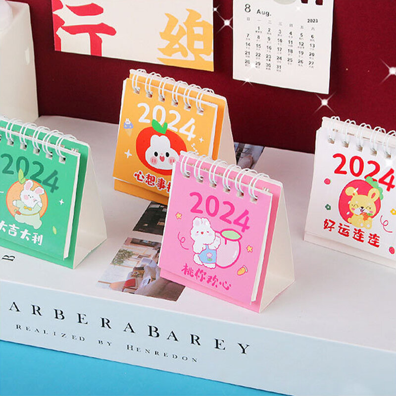 2024 uroczy mały świeży kalendarz biurkowy Mini planer na biurko Kalendarz z cewką książki biurowe przybory szkolne