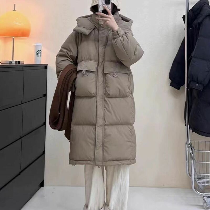 여성용 롱 다운 재킷, 루즈하고 따뜻한 오버 더 니 후드, 화이트 덕 다운 빵, 단색 다운 재킷 코트, 2023 겨울, 신상