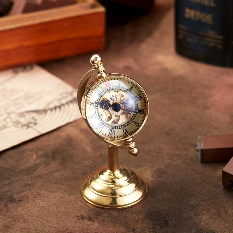 Retro Copper Spinning Globe Gold Desk Mechanical Pocket Watch Hand Winding Movement Home Office Luxury Decoration as Collectible