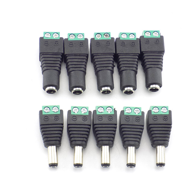 DC Power Plug Adapter para Câmeras CCTV, Single Color Faixa de Lâmpada LED, Feminino e Masculino, 5,5 milímetros x 2,1 milímetros, 5PCs