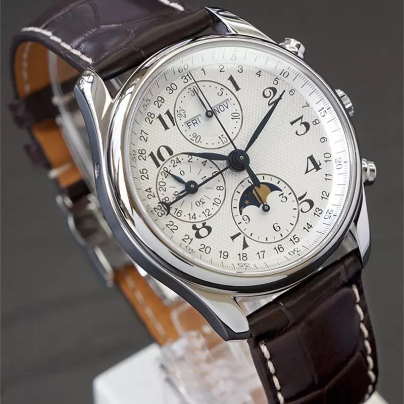 Роскошные новые мужские механические часы Moon Phase автоматические коричневые кожаные часы Master