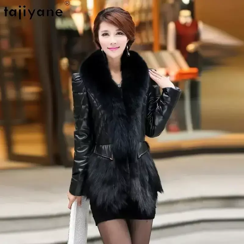 Fujiyane jaket kulit domba asli wanita, jaket kulit domba asli 100%, mantel musim dingin pendek ke bawah, mantel kulit kasual kerah bulu rubah
