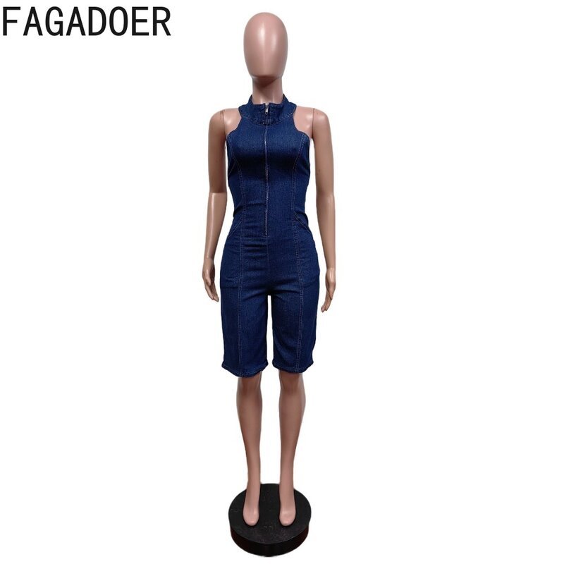 Fagadoer เสื้อยีนส์มีซิปแบบมีสายคล้องคอเปิดหลังแขนกุดทรงตรงสไตล์คาวบอยสำหรับผู้หญิงชุดสตรีทแวร์สีพื้น