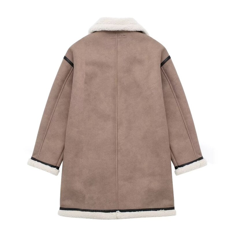 Women New Fashion loose two-sided Long style Fur Faux Leather Coat Vintage Long Sleeve Button-up Female Outerwear Chic Tops