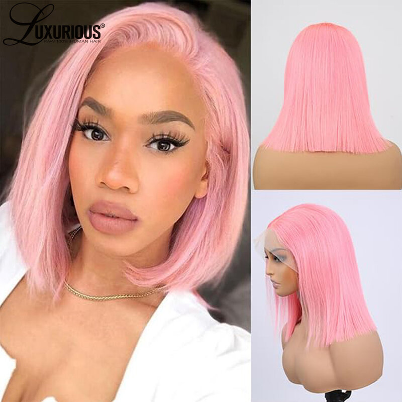 Short Straight Pink Bob Wigs 13×4 Pre Plucked HD Transparent Lace Front Wig Brazilian Virgin Remy Human Hair Wig For Black Women