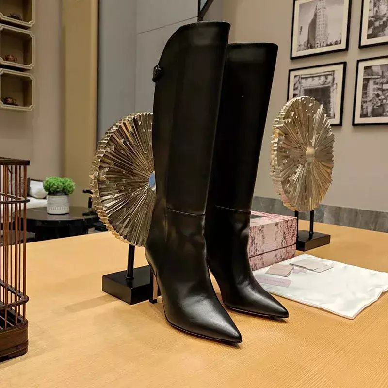 Sepatu bot tinggi selutut model terbaru Paris, sepatu bot kulit Matte tebal hak Chunky, sepatu bot tinggi kulit warna cokelat hitam abu-abu