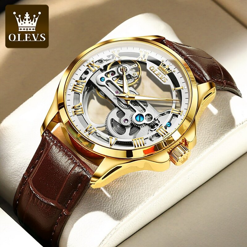 OLEVS orologi da uomo di lusso orologio da polso meccanico automatico Design scheletro cinturino in pelle impermeabile orologio maschile Reloj Hombre