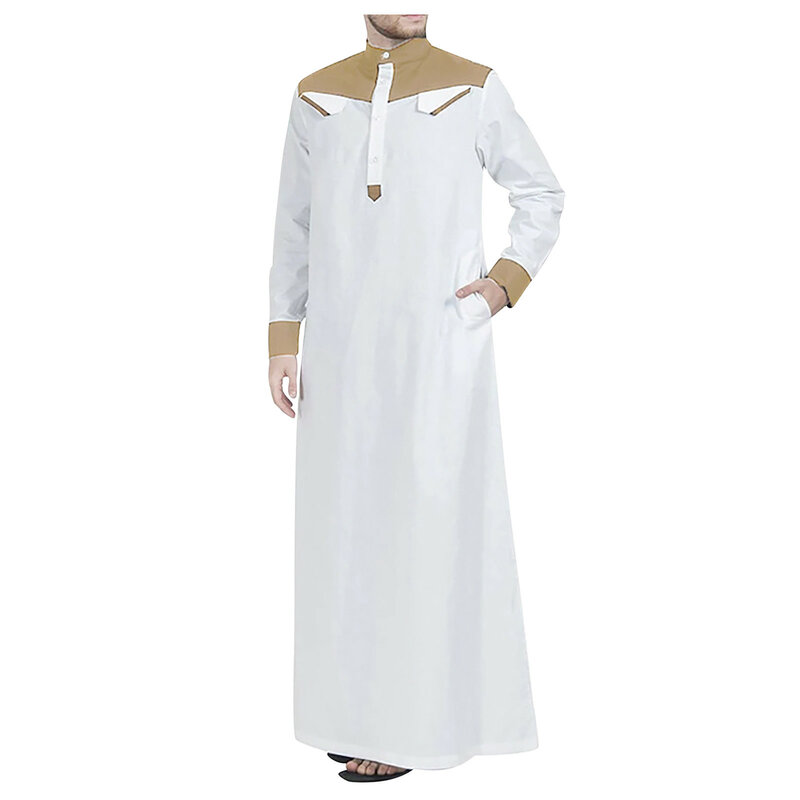 Men'S Patchwork Robe Classic Fashion Trend Saudi Arabic Long Sleeve Robe Ramadan Muslim Dress Middle Islamic Clothing