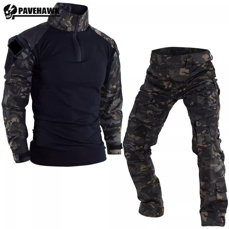 Summer outdoor Tactical Set Men Thin Quick Drying Combat Training Uniform Camo Patchwork Tops + Multi Pocket Cargo Pants Suit
