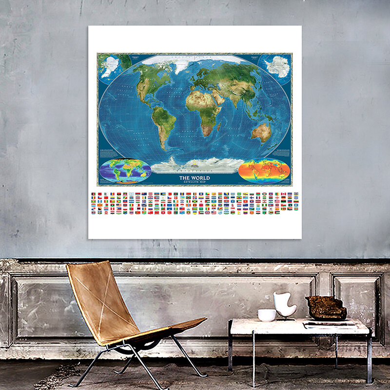 부직포 스프레이 세계 지도, 국가 국기 및 표면 온도 지도 포함, 세계 위성 지도, 150x150cm