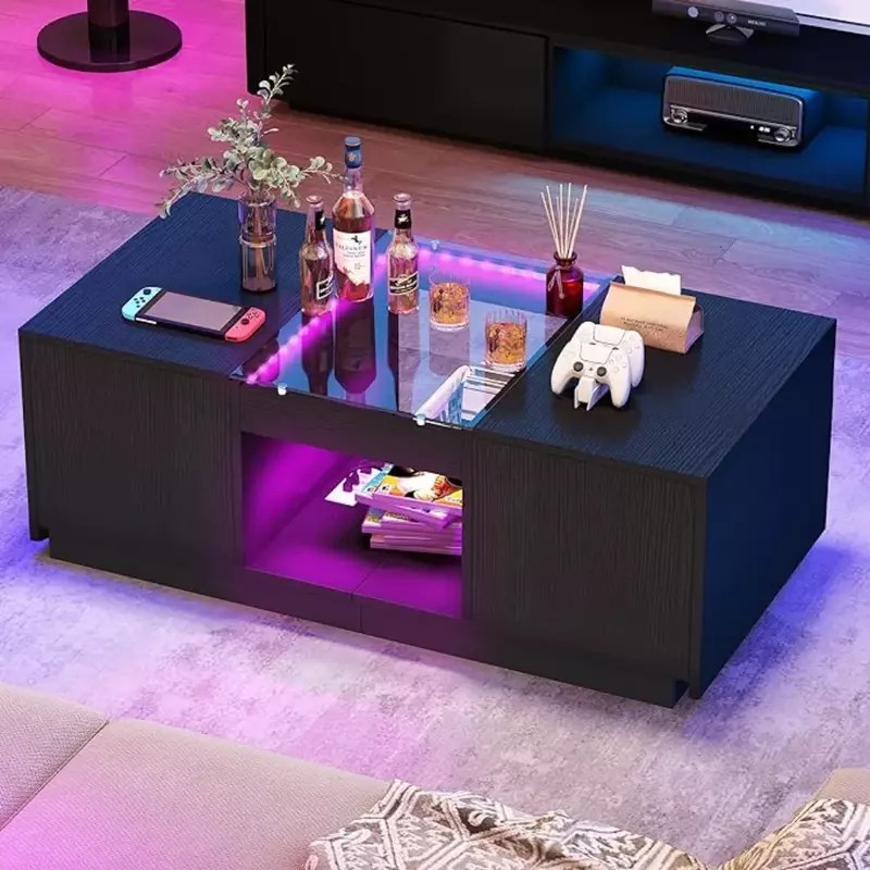 Meja kopi LED, untuk ruang tamu, meja kopi Modern dengan penyimpanan dengan lampu LED, 2 tingkat dan 2 Laci, ruang tamu besar