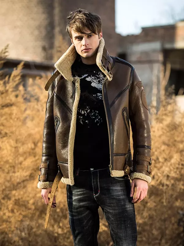 Мужская зимняя куртка из натурального меха B3, мотоциклетная куртка из овчины