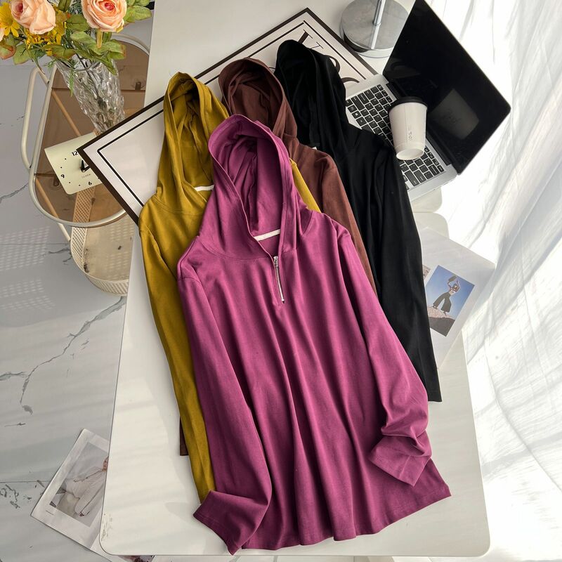 Early Spring 100kg Simple Solid Color Hooded Half Zipper Long Sleeve Basic T-Shirt Plus Size Women's Hoodie 2185