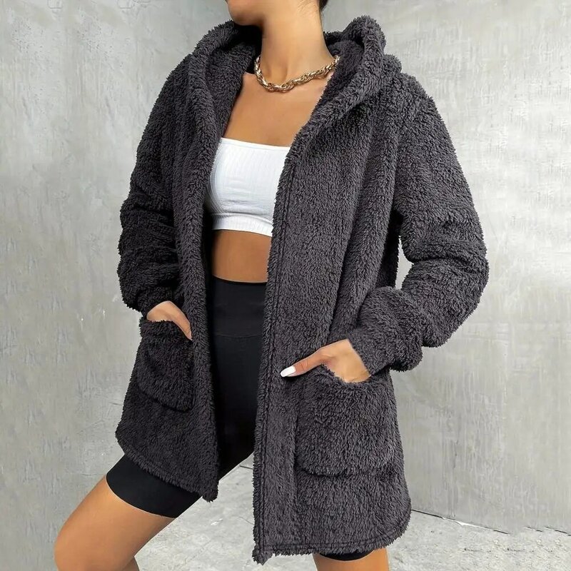Women Autumn Winter Mid-Length Cardigan Hooded Long Sleeve Plush Coat Solid Color Open Front Loose Casual Outerwear