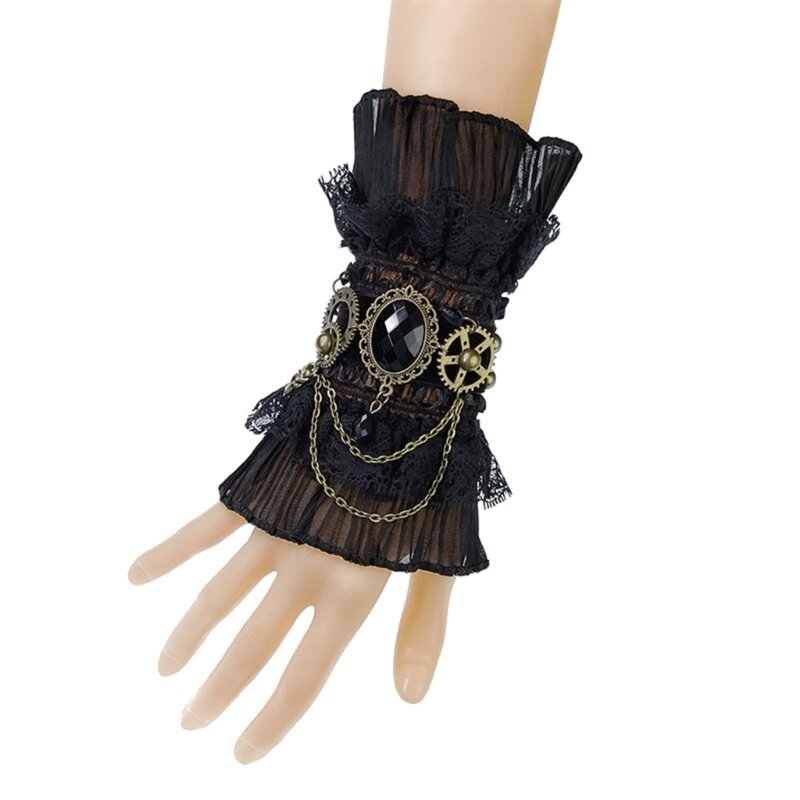 Готический стимпанк, кружевные манжеты с рюшами на запястьях, перчатки без пальцев с искусственными рукавами и кристаллами