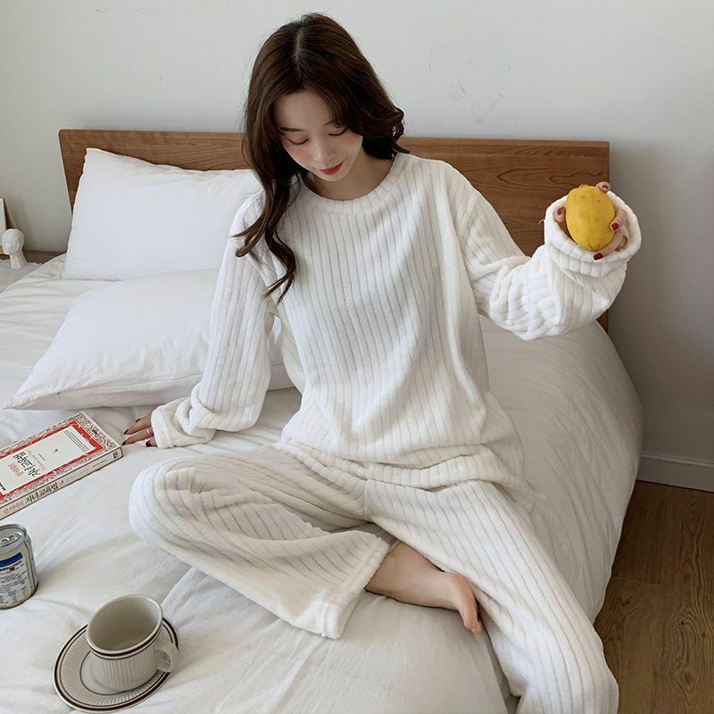 New striped pajamas for women coral velvet warm set plus velvet thick autumn and winter lazy student home wear fallow