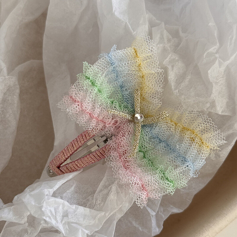 Horquilla de lazo de malla de arcoíris fresco de Primavera de estilo coreano para niños, horquilla de bebé, Clip lateral de pico de pato, tocado, accesorios para el cabello