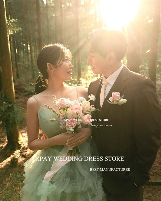 Xpay ชุดราตรีสำหรับงานแต่งงานสไตล์เกาหลีมีสายรัดสปาเก็ตตี้สำหรับถ่ายรูปชุดเดรสสีเขียวสำหรับงานวันเกิด