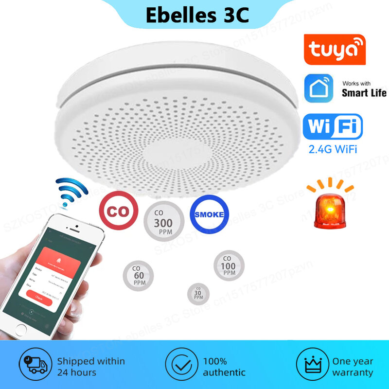 Tuya WiFi 2 In 1 Sensor Karbon Monoksida Detektor Asap Kehidupan Pintar Aplikasi Peringatan Kebakaran Suara Alarm Perlindungan Keamanan untuk Rumah