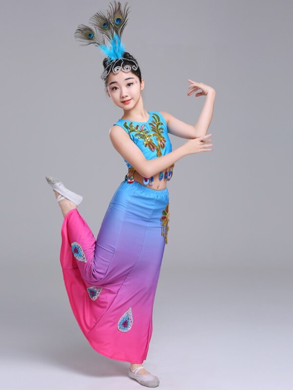 Abito da ballo Dai a doppia spalla per bambini gonna a coda di pesce abito da spettacolo di danza del pavone elastico vestito da prestazione etnica per ragazza