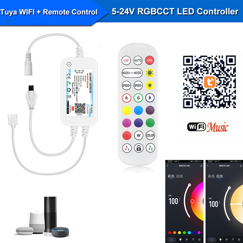 Kit de luz de tira LED com mini controlador, aplicativo Tuya Smart Life, WiFi, RGBCW, 1-5m, DC12V, 5050 RGB + CCT, 90LEDs por m, energia para Alexa, Google Home