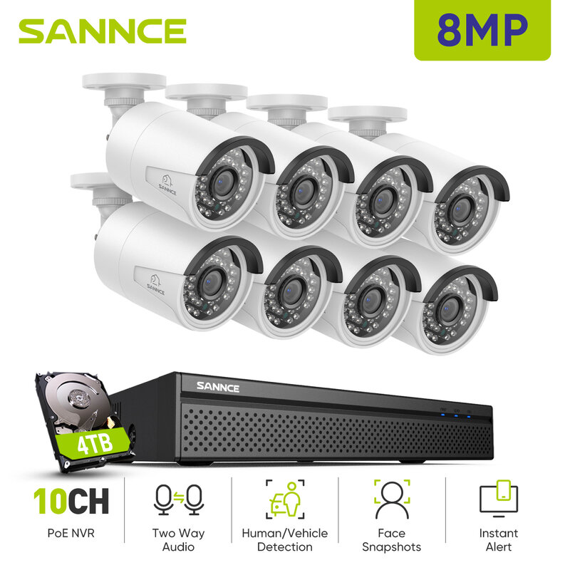 Sannce ระบบกล้องวงจรปิดนีอาร์พีอีแบบมีสาย8MP 8CH IP66 5MP กลางแจ้ง IR-CUT CCTV canera ชุดเครื่องบันทึกวีดีโอเฝ้าระวังวิดีโอ