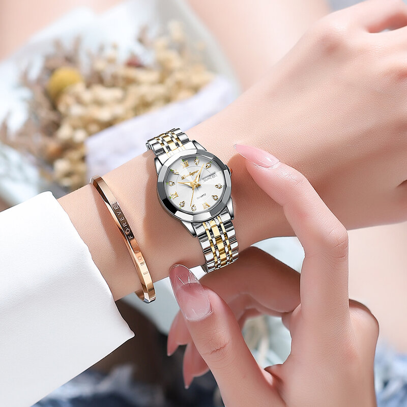 POEDAGAR-Relógio de pulso feminino, relógio luminoso feminino, impermeável, data week, relógios para mulher, aço inoxidável, relógio de quartzo com caixa