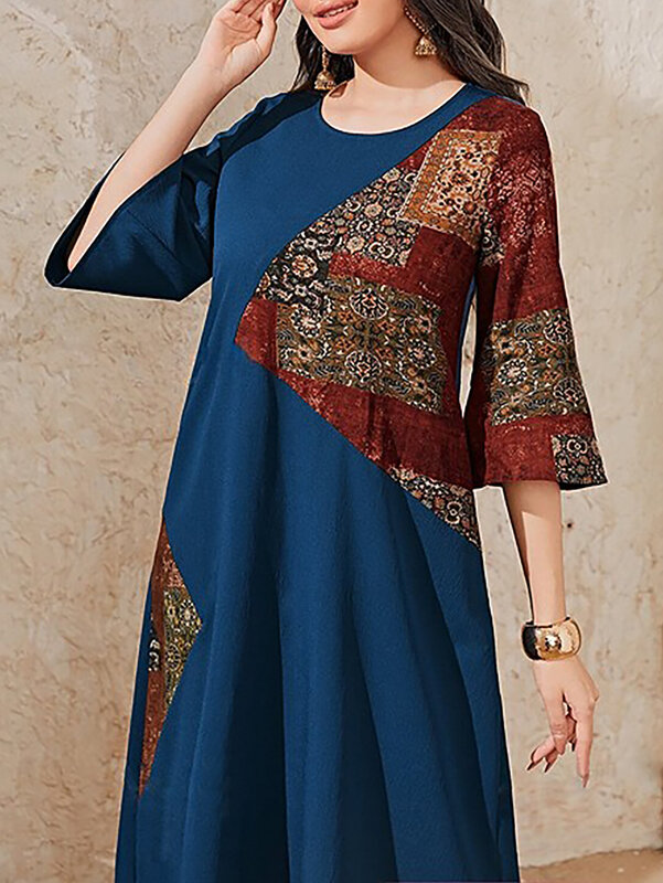 Женское платье в стиле пэчворк, Женский винтажный сарафан с длинным рукавом и принтом, богемное Цветочное платье, платье-кафтан