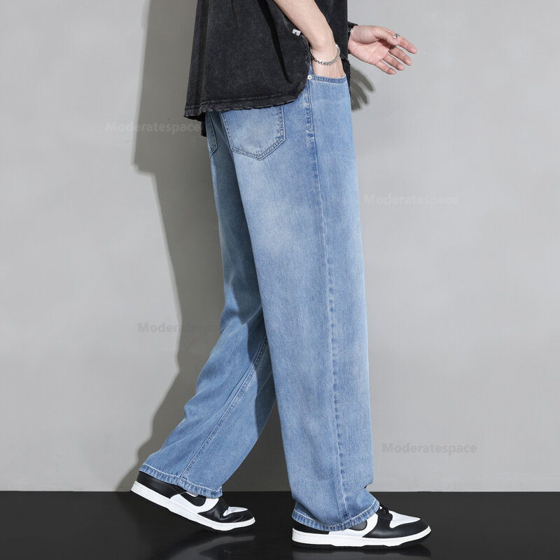 Celana panjang kasual pria, celana panjang Denim pinggang elastis kain lembut Jeans nyaman musim panas 100%