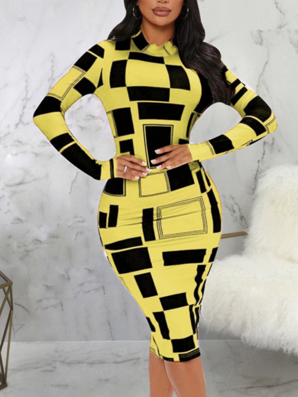 LW SXY Geometric Print Patchwork Bodycon Dress Mock Neck Body-shaping Long Sleeve Stretchy Women Skinny Streetwear Clothing