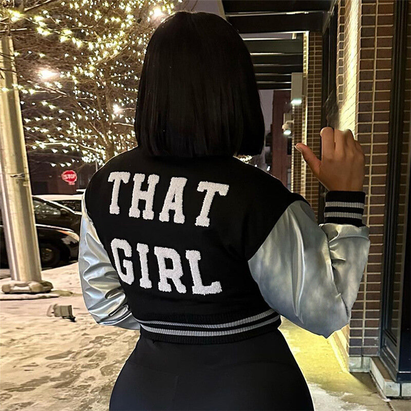 Fashion Women Letter Embroidery Cropped Baseball Jacket Silver PU Leather Sleeve Outcoats Varsity Buttons Bomber Jackets Uniform