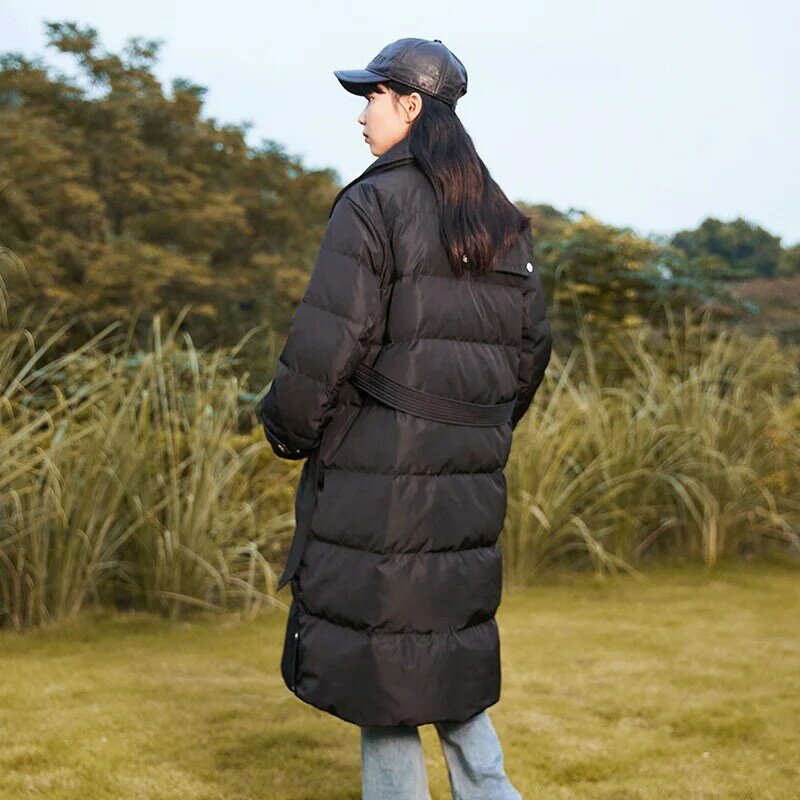 Semir jaket panjang hangat untuk wanita, jaket bulu angsa dua tahan hangat baru musim dingin 2023, jaket pinggang longgar tebal