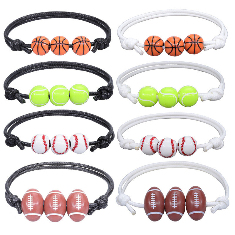 Gelang manik-manik olahraga, 5 buah gelang bola basket tenis Rugby olahraga yang dapat disesuaikan untuk hadiah luar ruangan