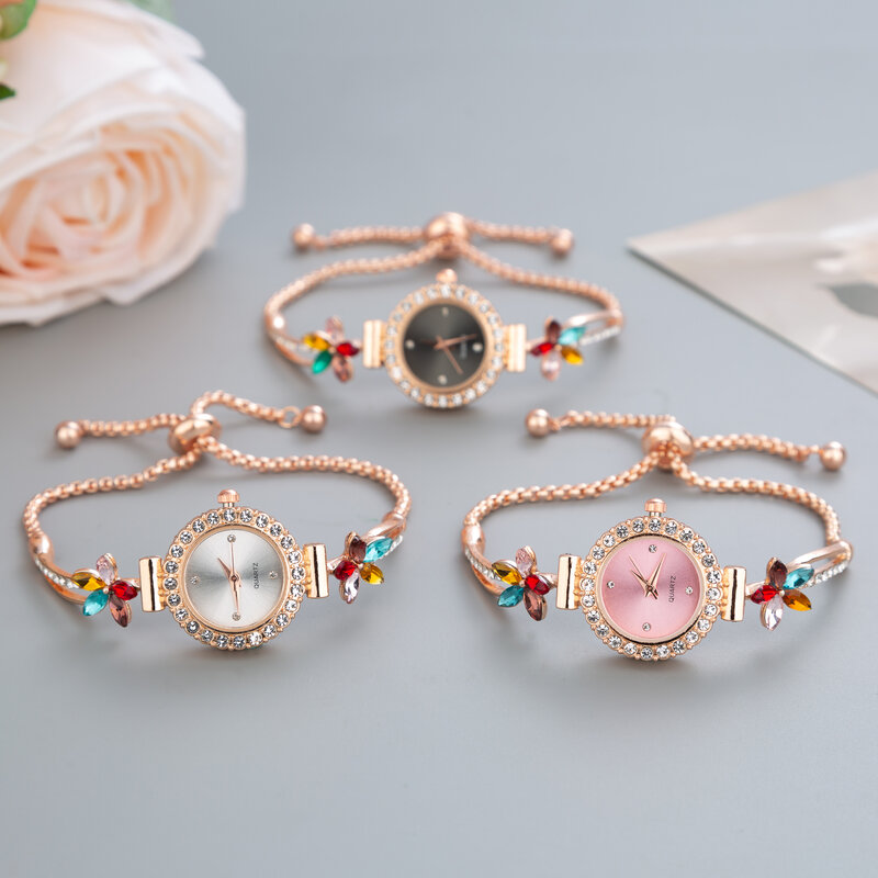 2023 패션 럭셔리 여성용 팔찌 시계, 독특한 디자인, 다채로운 풍차 다이아몬드 크리스탈 쿼츠 시계, 여성 드레스에 적합