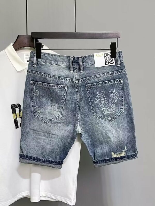 กางเกงยีนส์ของผู้ชายกางเกงยีนส์ขาสั้นขาดๆกางเกงยีนส์ของ celana pendek DENIM วินเทจแฟชั่นใหม่2024ฤดูร้อนกางเกงยีนส์ Y2K