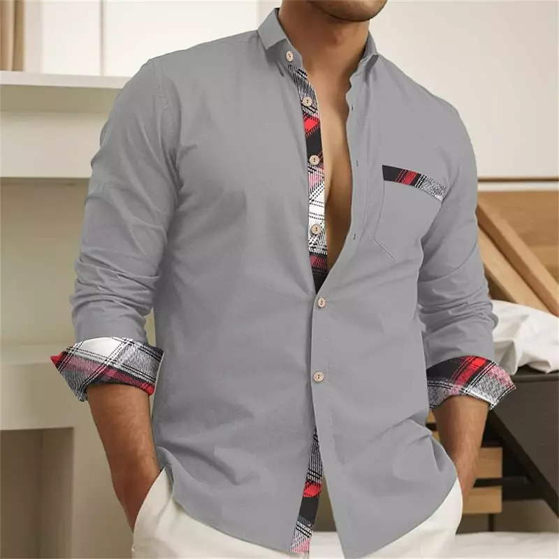 2024 neue Herren Button-up-Shirt einfarbig lang ärmel ige Revers tägliche Urlaubs tasche Mode lässig bequemes Top plus Größe