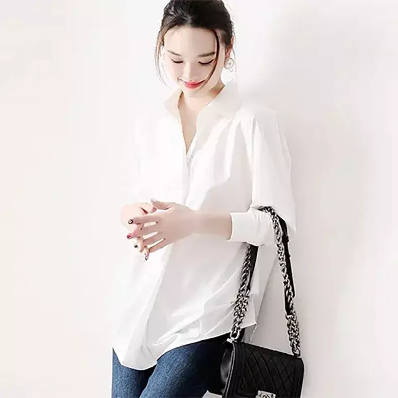 Blusa coreana de manga comprida com lapela no pescoço para mulheres, camisa extragrande, solta, preto e branco, 63 USD-branco, primavera