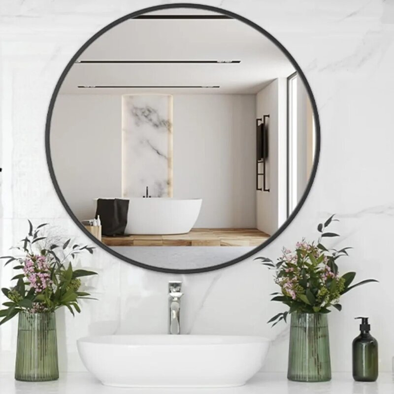 Espelho redondo para sobre o dissipador, espelho do banheiro do círculo, espelho da vaidade do quadro do metal, espelho moderno da parede para a entrada, sala de estar, 24"