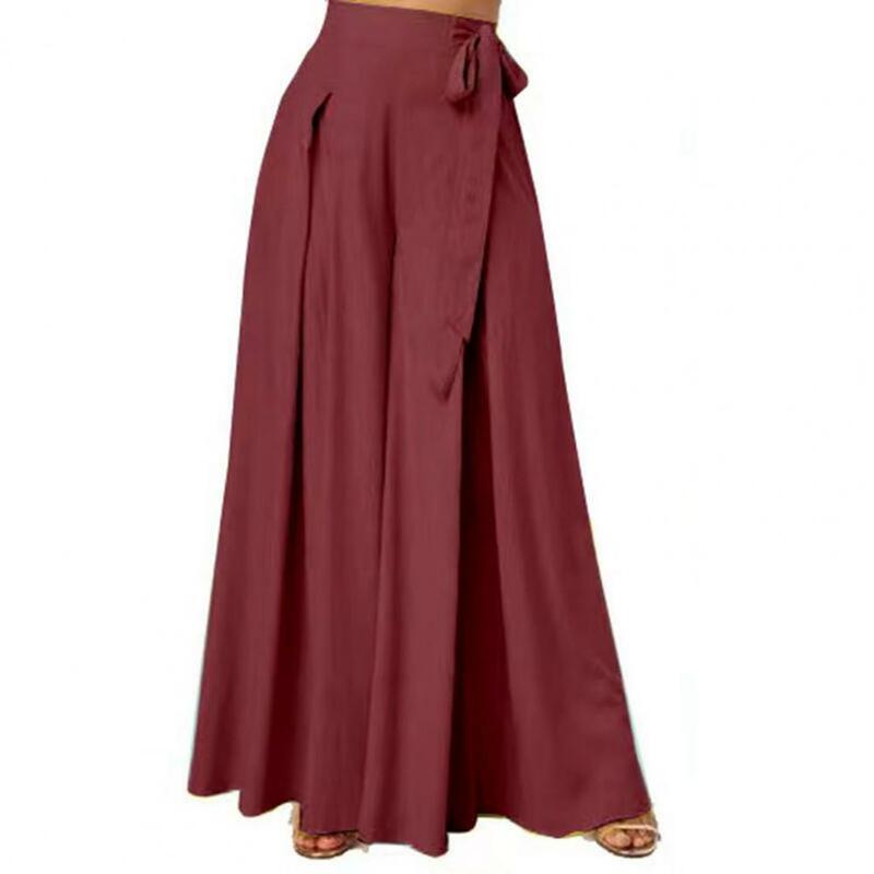 กระโปรงกางเกงขาบานสำหรับผู้หญิงกางเกงเอวสูงผูกโบว์ลูกไม้แบบหลวมเอวสูงเป้ากางเกงเสื้อสบายๆยาว