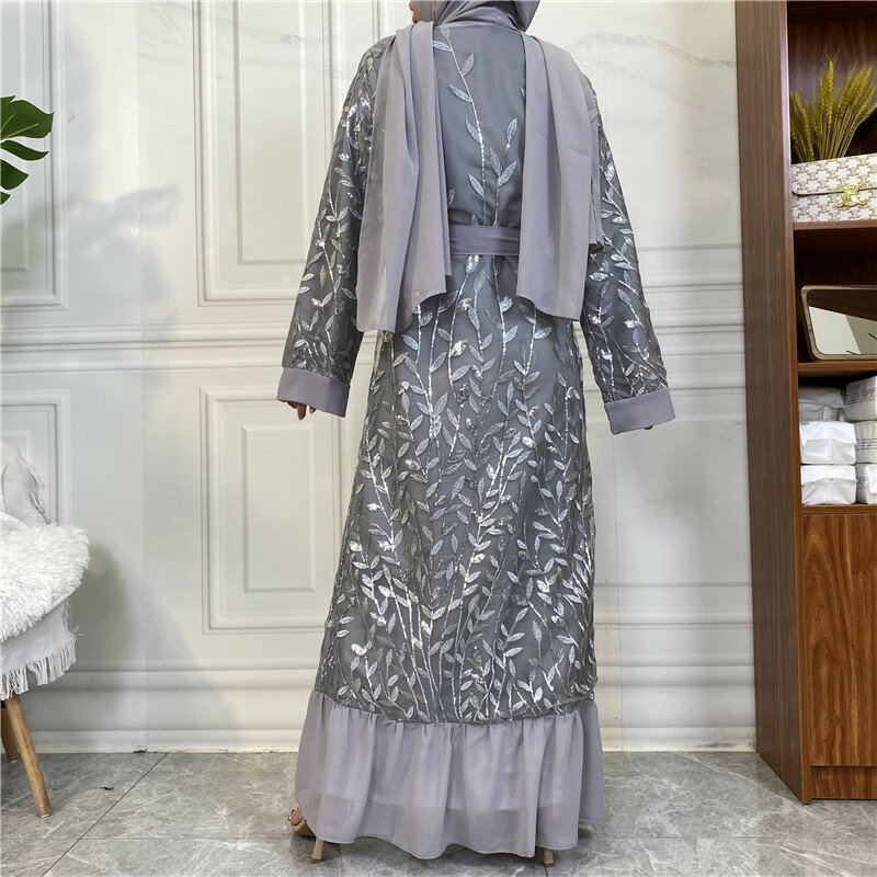 Wepbel turcja Kaftan muzułmanin otwierana Abaya koronkowy sweter haftowane liście sukienka muzułmańska cekinowa szata islamska odzież Kaftan szata