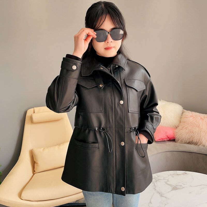 2023 Spring Autumn Lady Real Sheepskin Leather Jacket Fashion Distress Leather Coat Vintage