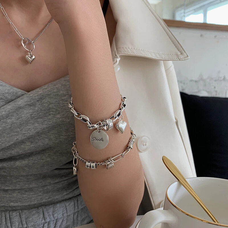VENTFILLE-pulsera de plata de ley 925 para mujer, brazalete de plata tailandesa con corazón geométrico Vintage, joyería Punk de la suerte, envío directo, 2023