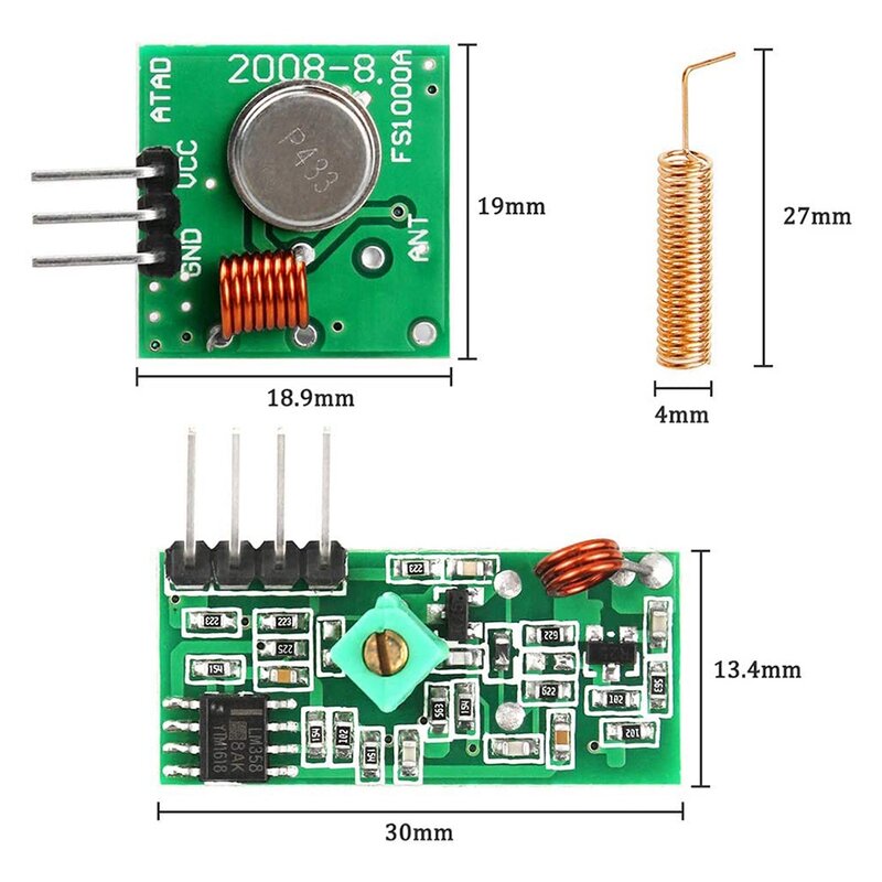 Módulo Rádio Transmissor e Receptor, Mola espiral helicoidal, Controle remoto, Antena 3 433 MHz