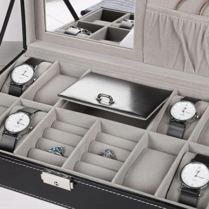 Protable PU Leather Watch Organizer Jewelry Earrings Rings Necklace Storage Box Display  for Women Men Birthday Gift