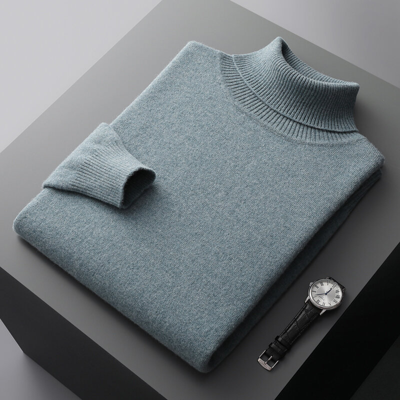 Autumn and winter new 100% pure merino wool pullover men's turtleneck cashmere sweater thickened warm  loose solid color top
