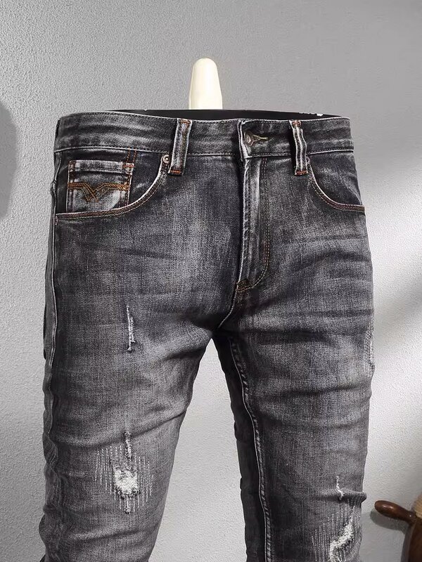 Modne męskie jeansy Streetwear wysokiej jakości Retro czarny szare elastyczne dopasowane porwane jeansy mężczyzn w stylu Vintage spodnie dżinsowe Hombre