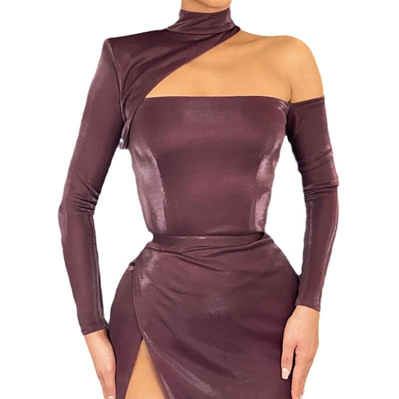 Vestido de jantar assimétrico Wepbel para mulheres, ombro fora, cintura alta, vestido de festa dividido, um ombro, vestido maxi longo