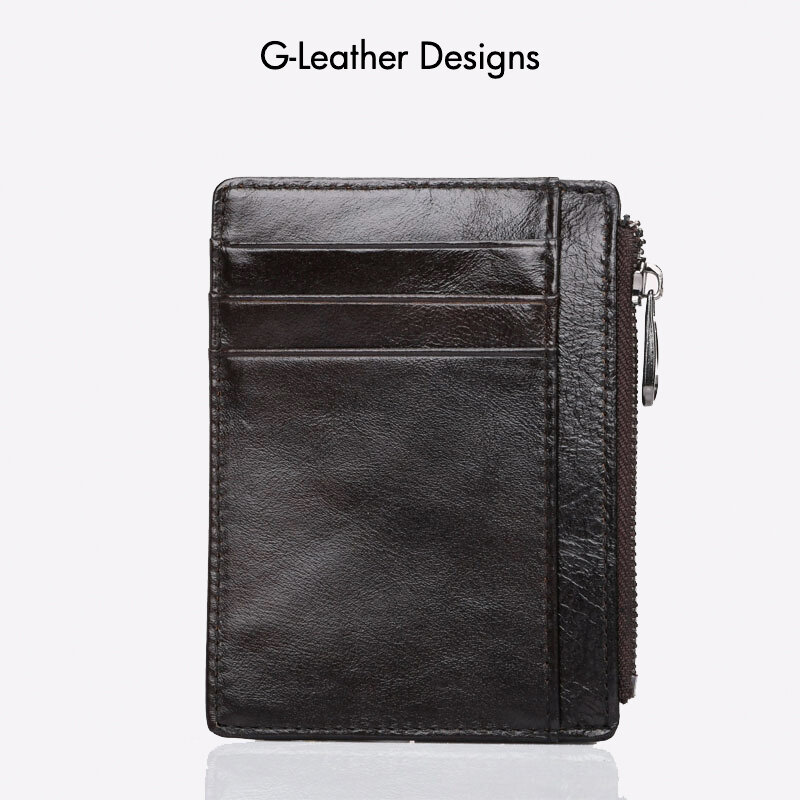 Vintage Genuine Leather Card Holder RFID Protect Slim Vertical with Black Zipper Cow Leather Card Wallet